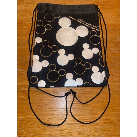 Disney Mickey Mouse Drawstring Backpack Bag Black & Gold Design Polyester - Picture 2 of 4